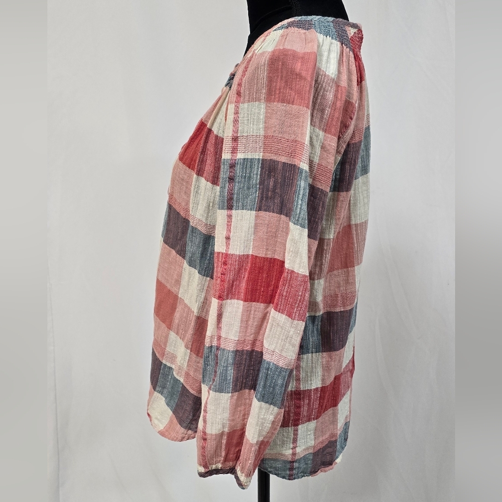 Lucky Brand women L plaid smock neck button front blouse, semi sheer, costal - Picture 6 of 8